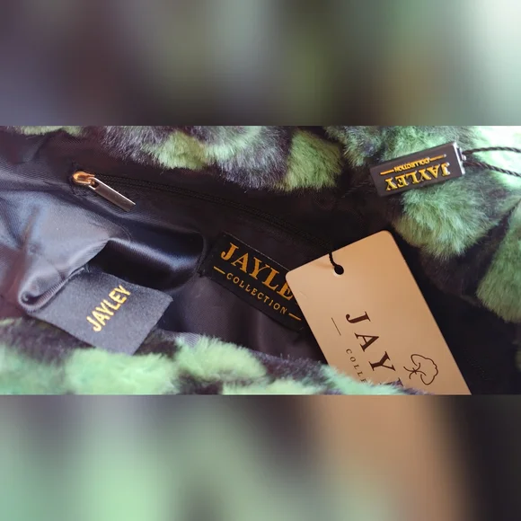 Jayley Collection Faux Fur Bag Purse Handbag Black & Green Checkered - Picture 4 of 11